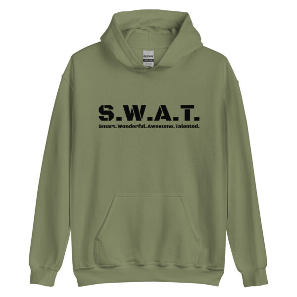 Unisex military green hoodie, black text on one side says swat written out phonetically with smart wonderful awesome talented written out dictionary style underneath