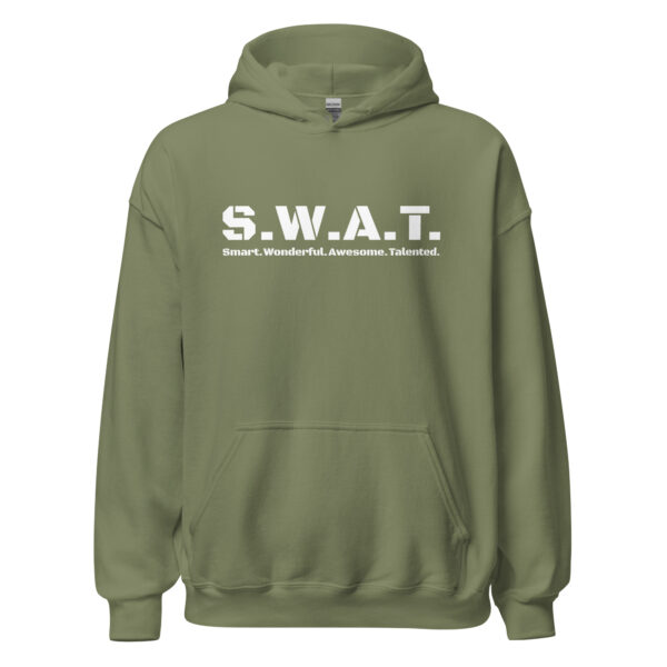 Unisex military green hoodie gildan, white text on one side says swat written out phonetically with smart wonderful awesome talented written out dictionary style underneath