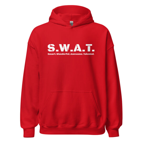 Unisex red hoodie gildan, white text on one side says swat written out phonetically with smart wonderful awesome talented written out dictionary style underneath