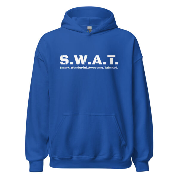 Unisex royal blue hoodie gildan, white text on one side says swat written out phonetically with smart wonderful awesome talented written out dictionary style underneath