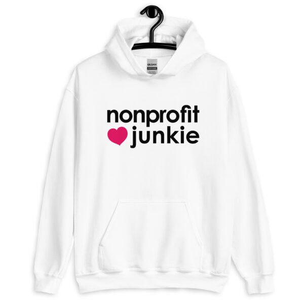 Unisex white hoodie, black text on one side says nonprofit junkie in regular arial like font next to a pink heart