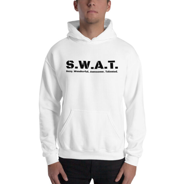 Unisex white hoodie, black text on one side says swat written out phonetically with sexy wonderful awesome talented written out dictionary style underneath, on a man