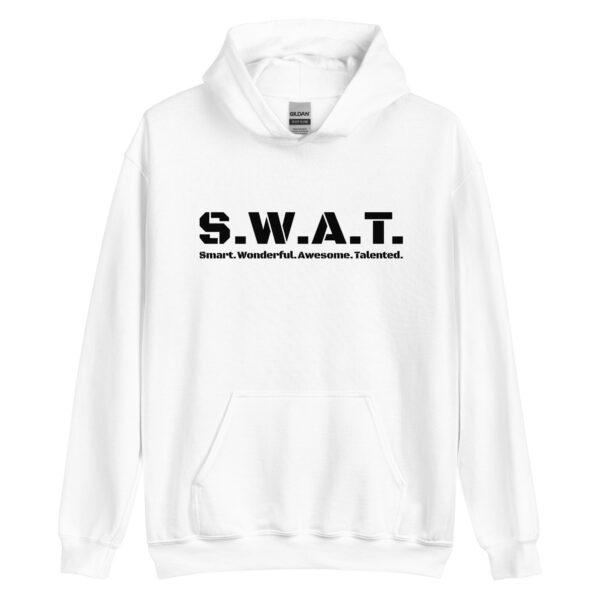 Unisex white hoodie, black text on one side says swat written out phonetically with smart wonderful awesome talented written out dictionary style underneath