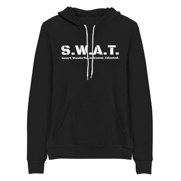 Unisex black pullover hoodie, white text on one side says swat written out phonetically with smart wonderful awesome talented written out dictionary style underneath