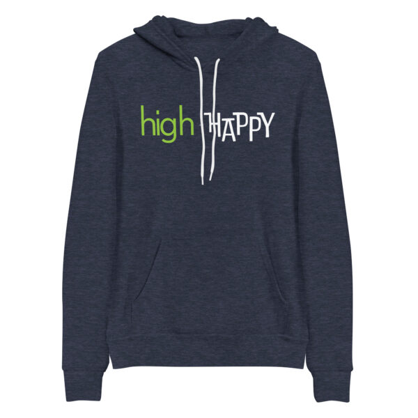 Unisex heather navy pullover hoodie, green and white text on one side says high + happy in regular arial like font