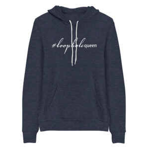 Unisex heather navy pullover hoodie, white text on one side says hashtag loophole queen written in italic cursive like font