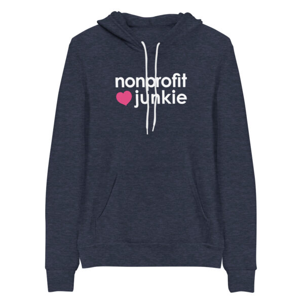 Unisex heather navy pullover hoodie, white text on one side says nonprofit junkie in regular arial like font next to a pink heart