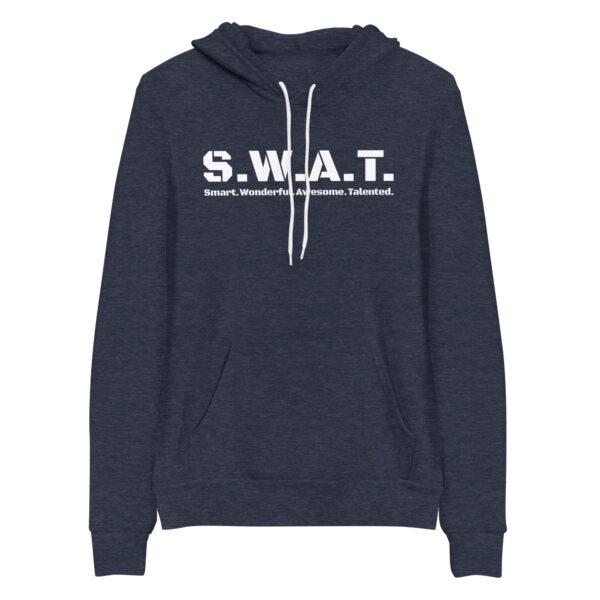 Unisex heather navy pullover hoodie, white text on one side says swat written out phonetically with smart wonderful awesome talented written out dictionary style underneath