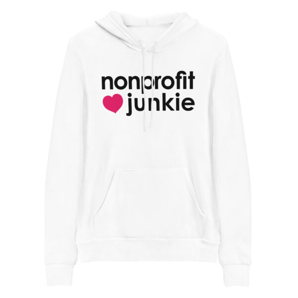 Unisex white hoodie, black text on one side says nonprofit junkie in regular arial like font next to a pink heart