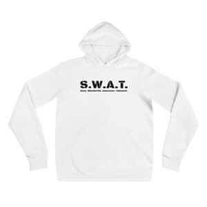 Unisex white hoodie, black text on one side says swat written out phonetically with sexy wonderful awesome talented written out dictionary style underneath