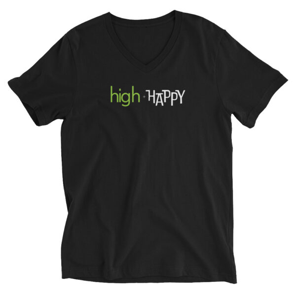 Unisex black v neck tee, green and white text on one side says high + happy in regular arial like font