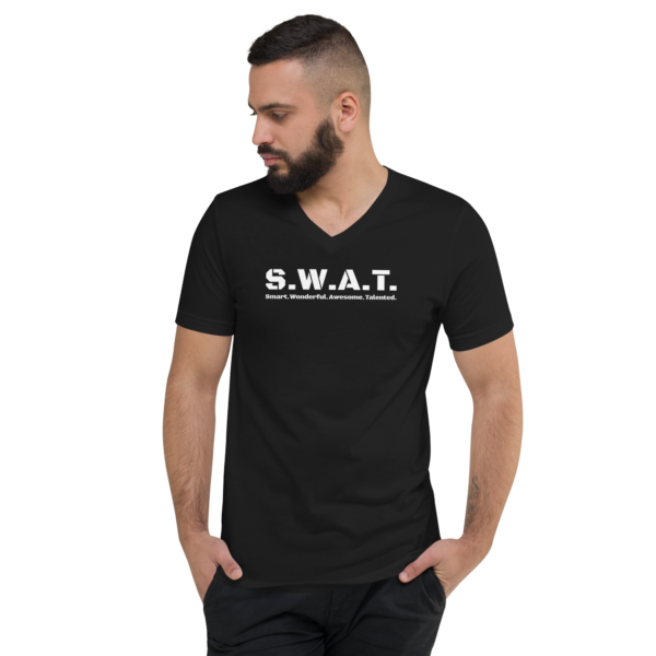 Unisex black v neck tee, white text on one side says swat written out phonetically with smart wonderful awesome talented written out dictionary style underneath, on a man