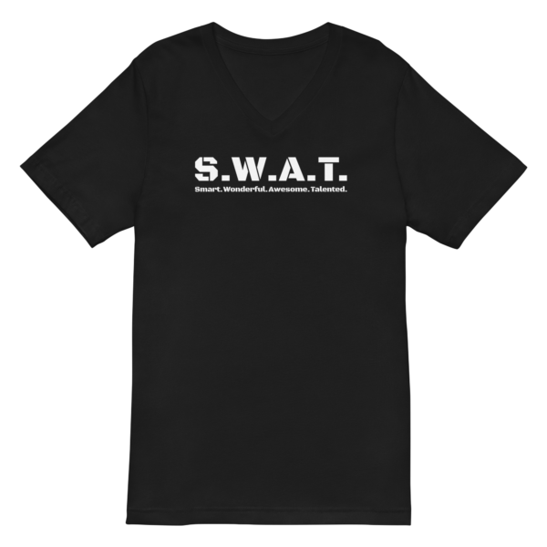 Unisex black v neck tee, white text on one side says swat written out phonetically with smart wonderful awesome talented written out dictionary style underneath