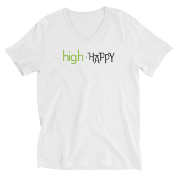 Unisex white v neck tee, green and grey text on one side says high + happy in regular arial like font