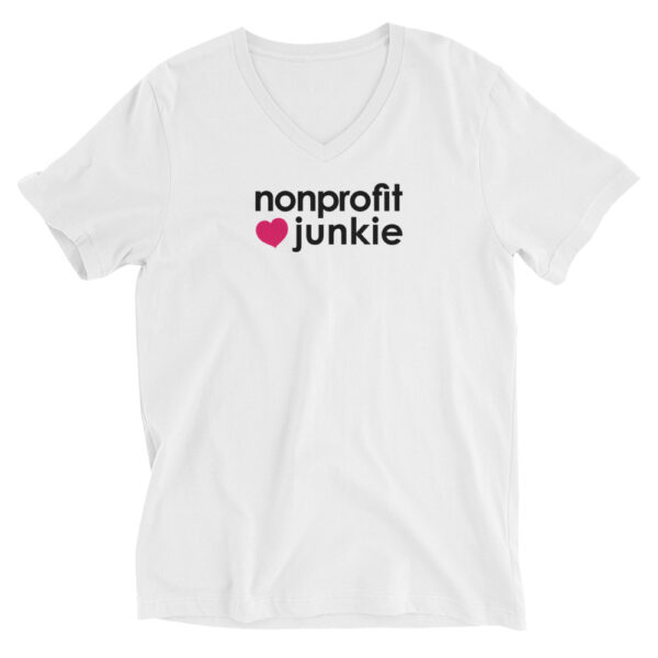 Unisex white v neck t shirt, black text on one side says nonprofit junkie in regular arial font next to a pink heart