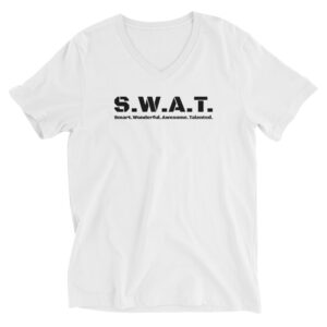 Unisex white v neck tee, black text on one side says swat written out phonetically with smart wonderful awesome talented written out dictionary style underneath