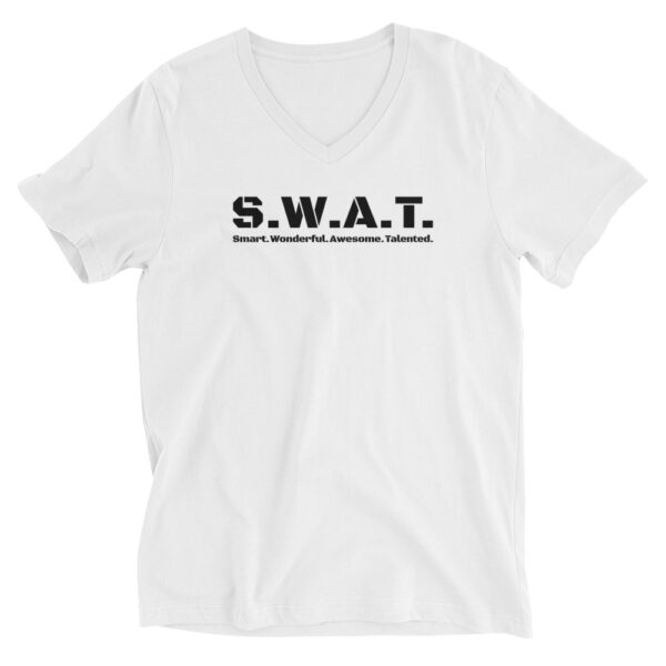 Unisex white v neck tee, black text on one side says swat written out phonetically with smart wonderful awesome talented written out dictionary style underneath