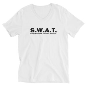 Unisex white v neck tee, black text on one side says swat written out phonetically with sexy wonderful awesome talented written out dictionary style underneath