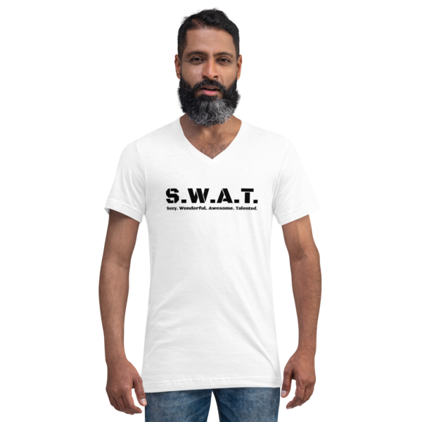 Unisex white v neck, black text on one side says swat written out phonetically with sexy wonderful awesome talented written out dictionary style underneath, on a man