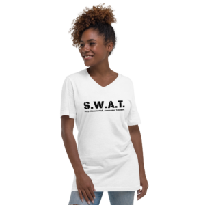 Unisex white v neck, black text on one side says swat written out phonetically with sexy wonderful awesome talented written out dictionary style underneath, on a woman