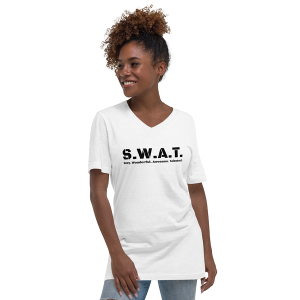 Unisex white v neck, black text on one side says swat written out phonetically with sexy wonderful awesome talented written out dictionary style underneath, on a woman