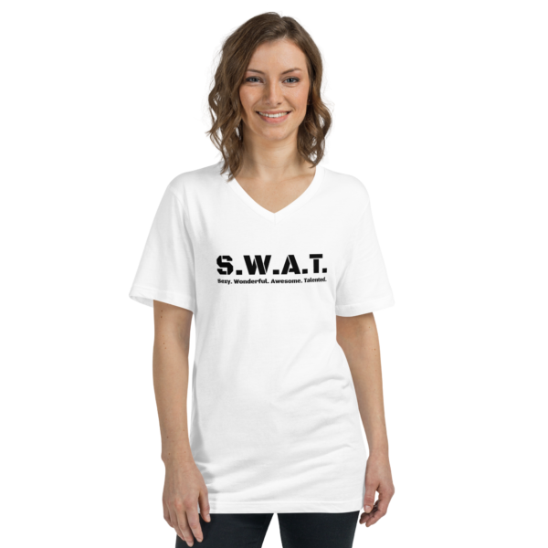 Unisex white v neck, black text on one side says swat written out phonetically with sexy wonderful awesome talented written out dictionary style underneath, on a woman