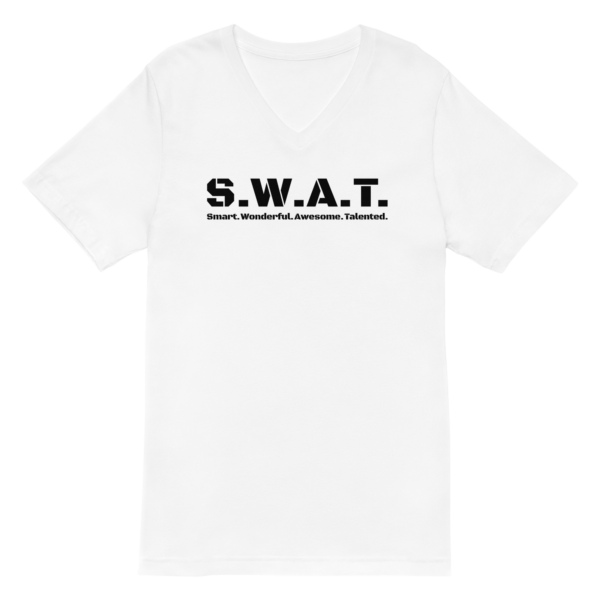 Unisex white v neck tee, black text on one side says swat written out phonetically with smart wonderful awesome talented written out dictionary style underneath