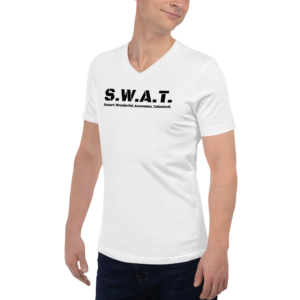 Unisex white v neck tee, black text on one side says swat written out phonetically with smart wonderful awesome talented written out dictionary style underneath, on a man