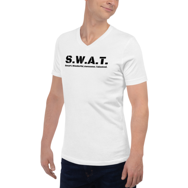 Unisex white v neck tee, black text on one side says swat written out phonetically with smart wonderful awesome talented written out dictionary style underneath, on a man