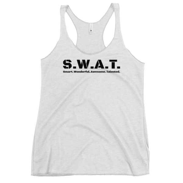 Womens heather white racerback tank top, black text on one side says swat written out phonetically with smart wonderful awesome talented written out dictionary style underneath