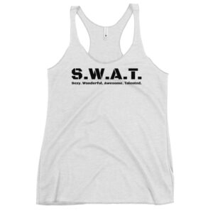 Womens heather white racerback tank top, black text on one side says swat written out phonetically with sexy wonderful awesome talented written out dictionary style underneath