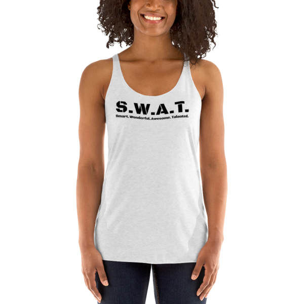 Womens heather white racerback tank top, black text on one side says swat written out phonetically with smart wonderful awesome talented written out dictionary style underneath, on a woman