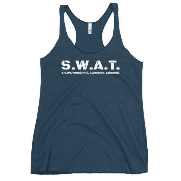 Womens indigo racerback tank top, white text on one side says swat written out phonetically with smart wonderful awesome talented written out dictionary style underneath