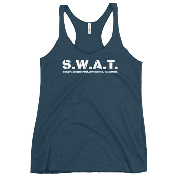 Womens indigo racerback tank top, white text on one side says swat written out phonetically with sexy wonderful awesome talented written out dictionary style underneath