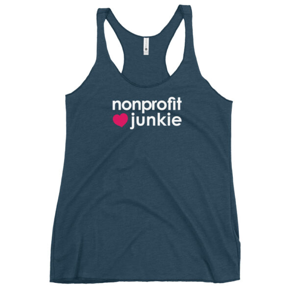 Womens indigo racerback tank, white text on one side says nonprofit junkie next to a pink heart