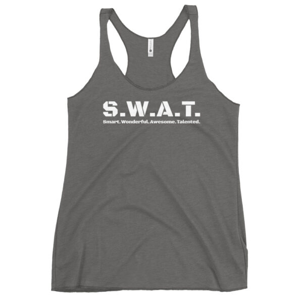 Womens premium heather racerback tank top, white text on one side says swat written out phonetically with smart wonderful awesome talented written out dictionary style underneath