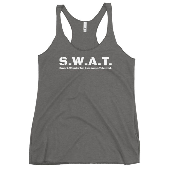 Womens premium heather racerback tank top, white text on one side says swat written out phonetically with sexy wonderful awesome talented written out dictionary style underneath