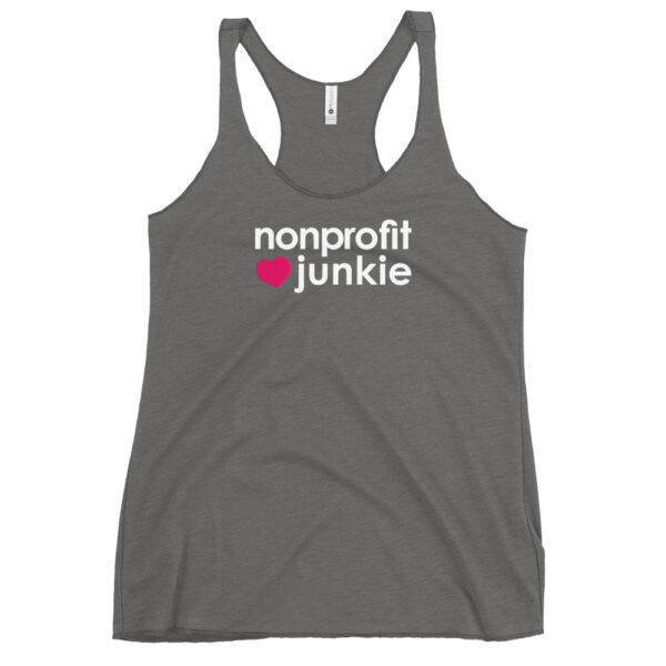 Womens premium heather racerback tank, white text on one side says nonprofit junkie next to a pink heart