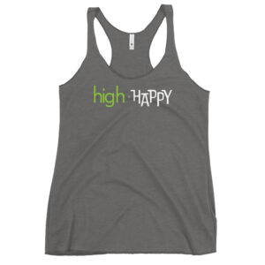 Womens premium heather racerback tank, green and white text on one side says high + happy in regular arial like font