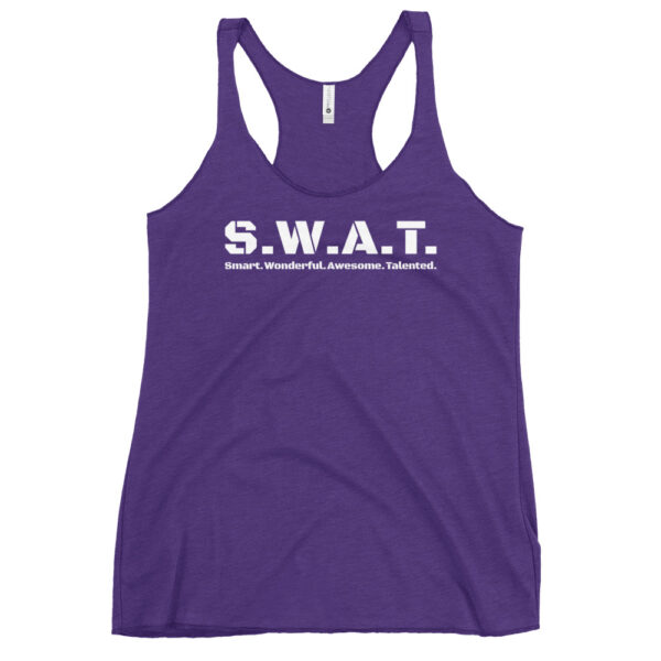 Womens purple rush racerback tank top, white text on one side says swat written out phonetically with smart wonderful awesome talented written out dictionary style underneath