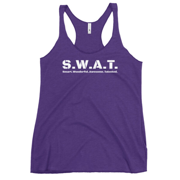 Womens purple rush racerback tank top, white text on one side says swat written out phonetically with sexy wonderful awesome talented written out dictionary style underneath