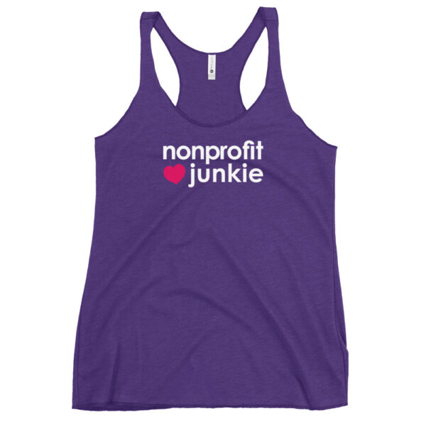 Womens purple rush racerback tank, white text on one side says nonprofit junkie next to a pink heart