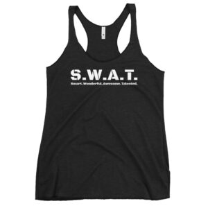 Womens vintage black racerback tank top, white text on one side says swat written out phonetically with smart wonderful awesome talented written out dictionary style underneath