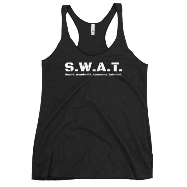 Womens vintage black racerback tank top, white text on one side says swat written out phonetically with sexy wonderful awesome talented written out dictionary style underneath