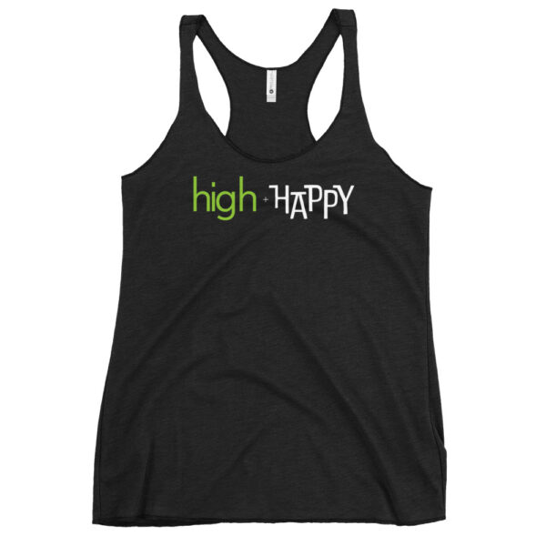 Womens vintage black racerback tank, green and white text on one side says high + happy in regular arial like font