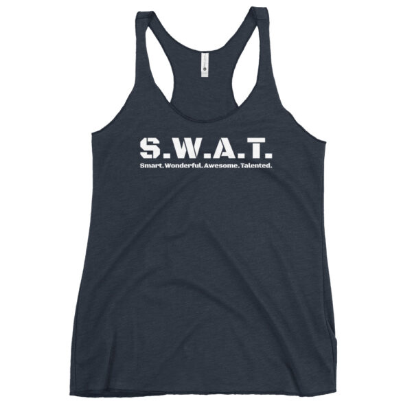 Womens vintage navy racerback tank top, white text on one side says swat written out phonetically with smart wonderful awesome talented written out dictionary style underneath