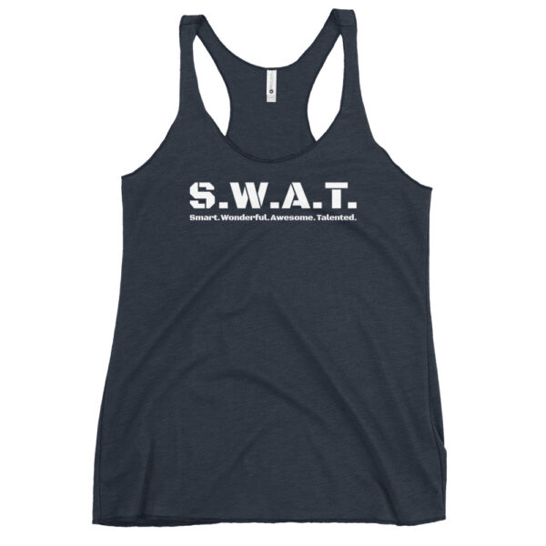 Womens vintage navy racerback tank top, white text on one side says swat written out phonetically with sexy wonderful awesome talented written out dictionary style underneath