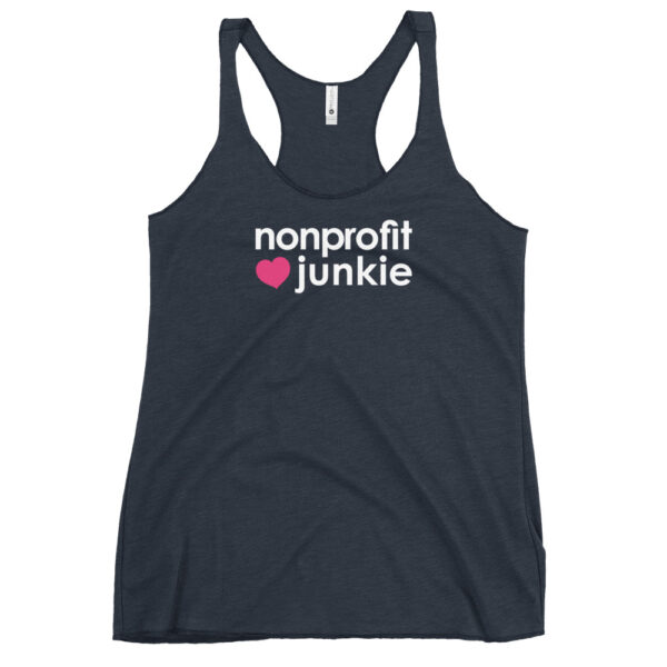 Womens vintage navy racerback tank, white text on one side says nonprofit junkie next to a pink heart