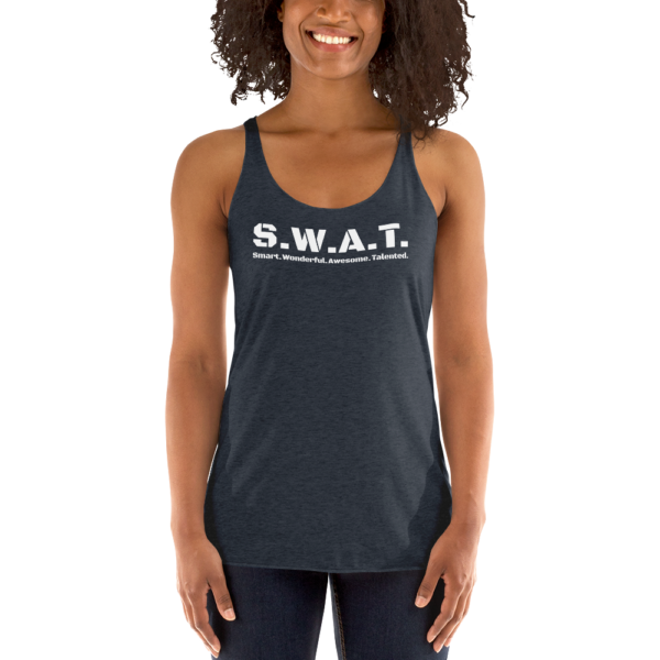 Womens vintage navy racerback tank top, black text on one side says swat written out phonetically with smart wonderful awesome talented written out dictionary style underneath, on a woman