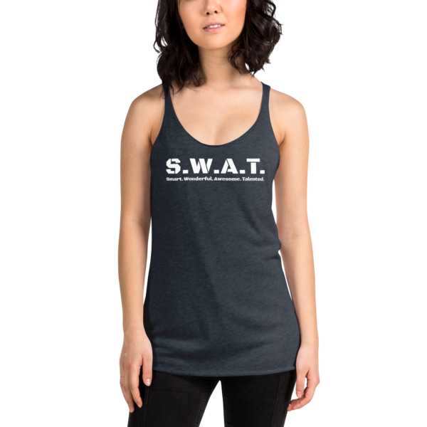 Womens vintage navy racerback tank top, black text on one side says swat written out phonetically with smart wonderful awesome talented written out dictionary style underneath, on a woman